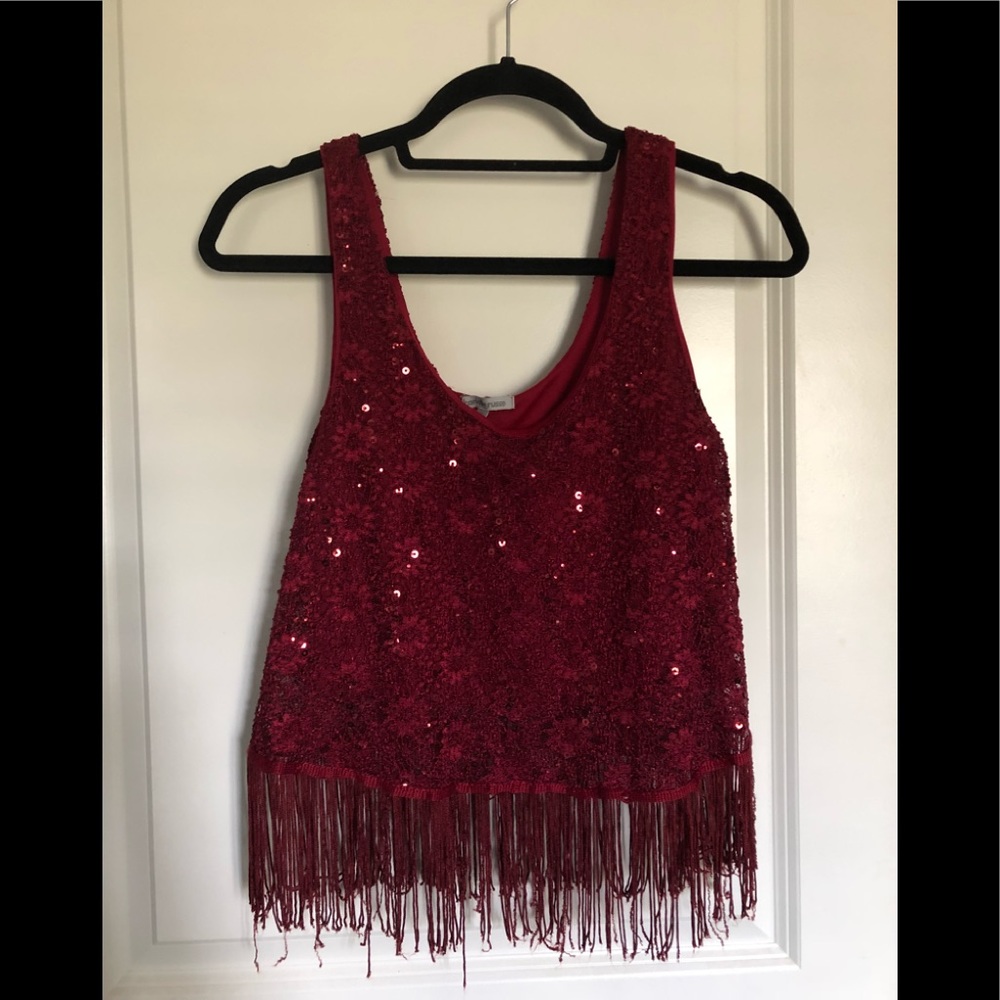 Burgundy, sequined crop top with fringe